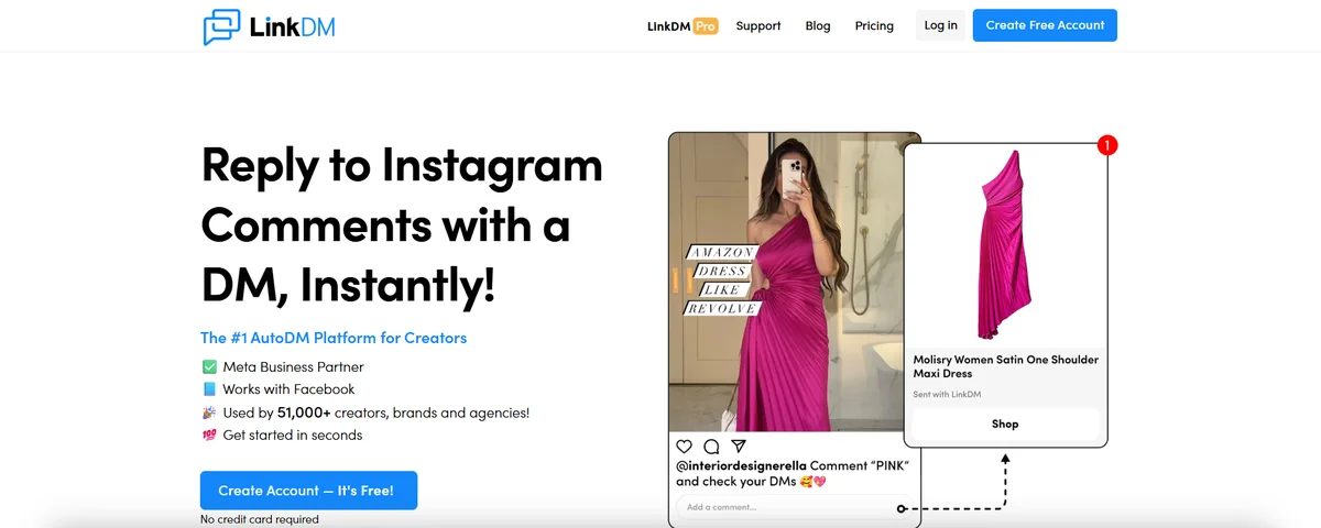 LinkDM, established Instagram DM automation at $19/mo for 3 accounts